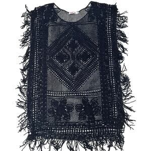 JOHNNY WAS Black Crochet Fringe Tunic Top‎ Small Boho Chic Sheer Hippie Lace